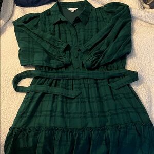 Women’s Lauren Conrad Dark Green Button-Front Shirt Dress with Waist Tie